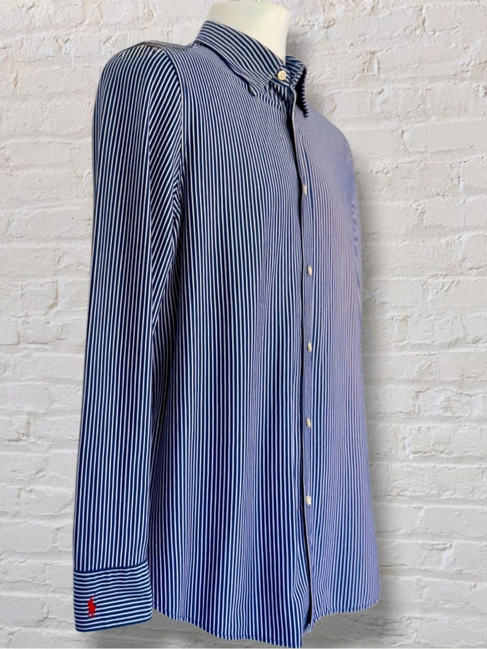 Polo Ralph Lauren Classic Fit Knit Dress Shirt Blue White Stripe Red Pony XL - Picture 7 of 14